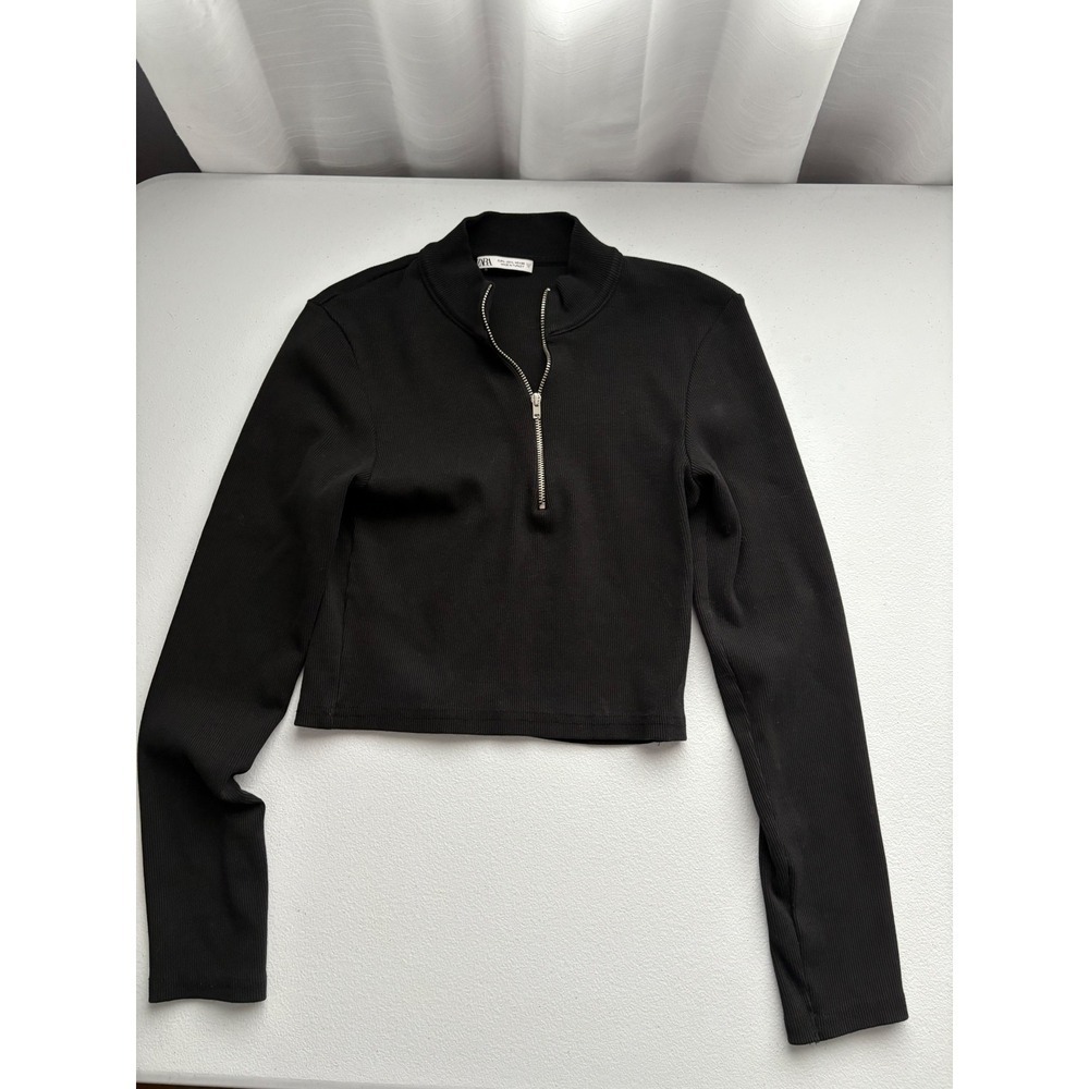 Zara Black Ribbed Knit Half Zip Long Sleeve Crop Top Women's‎